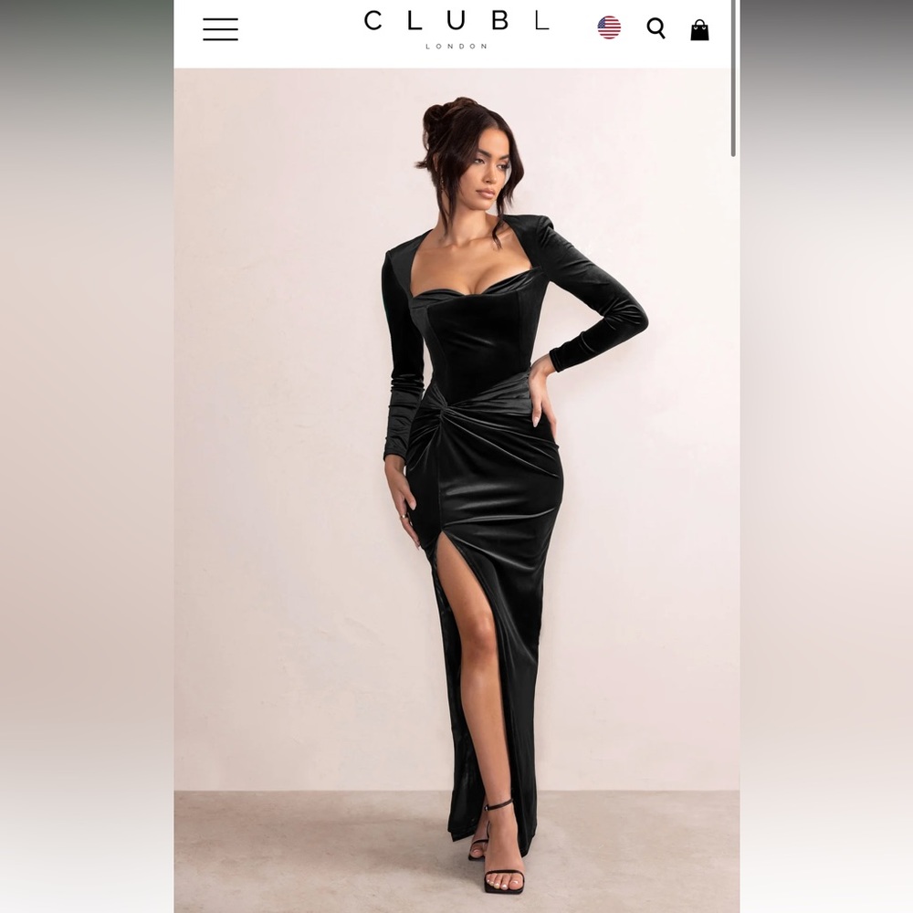 Club L London FAY BLACK VELVET CORSET STYLE KNOT MAXI DRESS